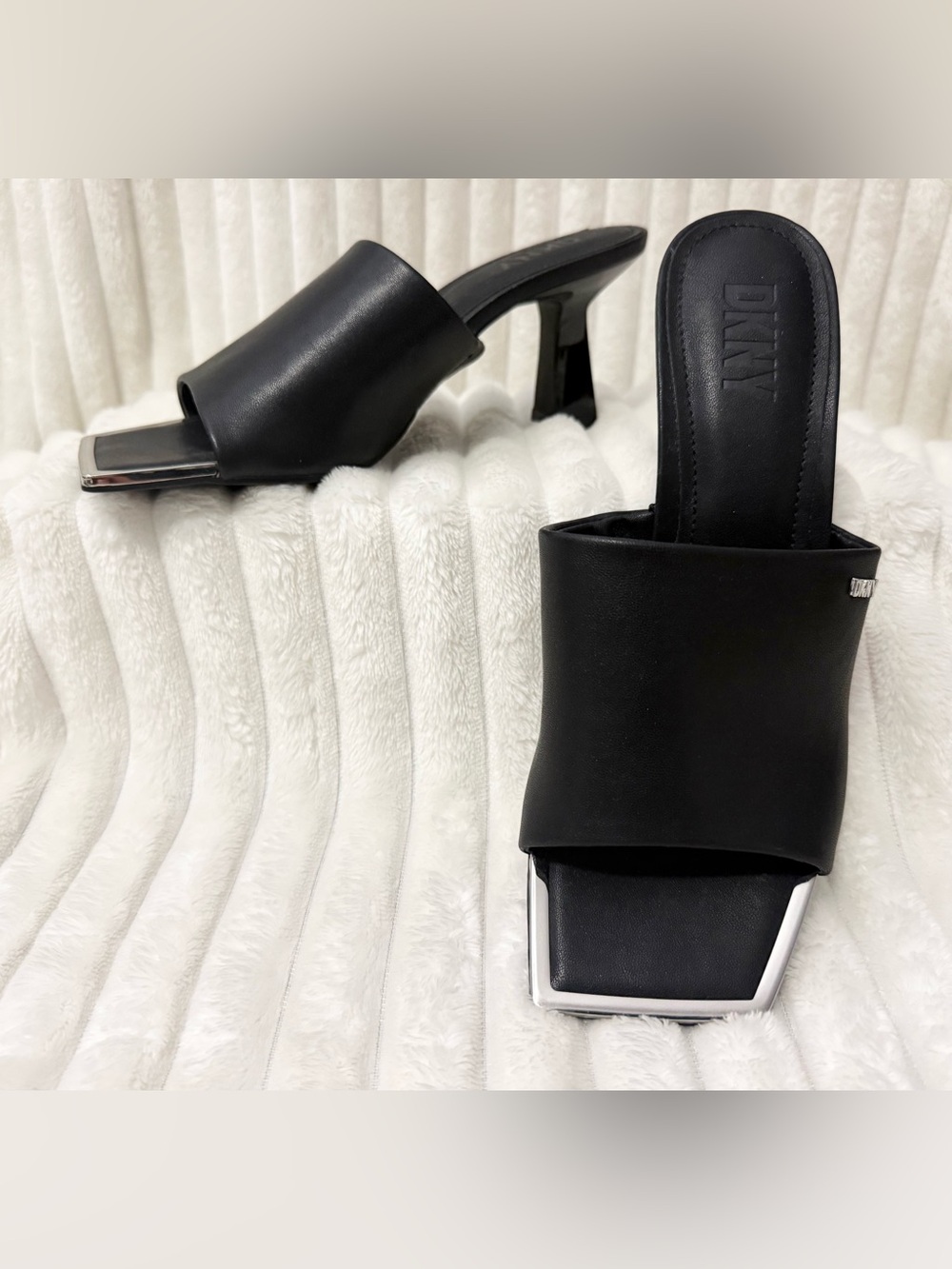 DKNY Black Square-Toe Mule Heels with Silver Trim
